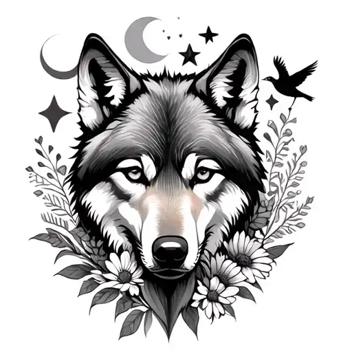 Half a wolfs head incorporated with birds stars, moon and wild flowers for a thigh tattoo. Make it feminine  tattoo design idea