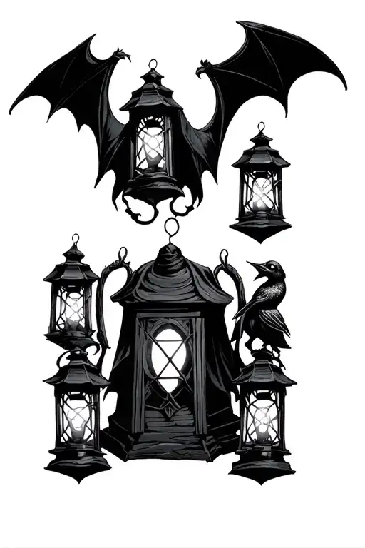dark nazgul 11 ​​lanterns 3 chicks locked up tattoo design idea