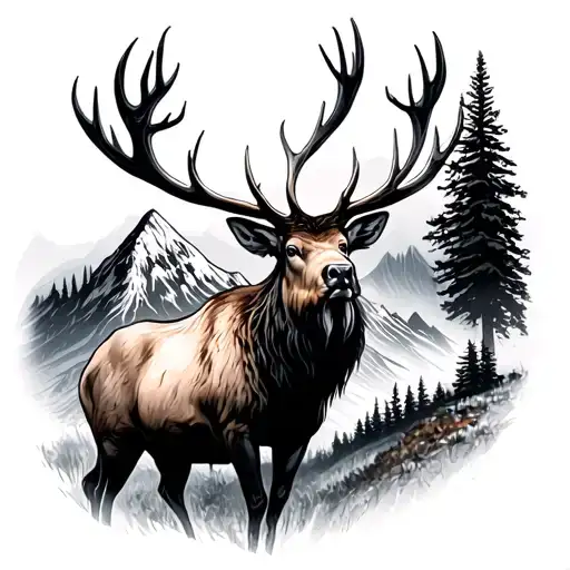 elk and mountain tattoo design idea