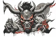 Japanese Oni Demon representing loneliness and insanity, with haunting features and swirling shadows. tattoo design idea