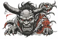 Japanese Oni Demon representing loneliness and insanity, with haunting features and swirling shadows. tattoo design idea