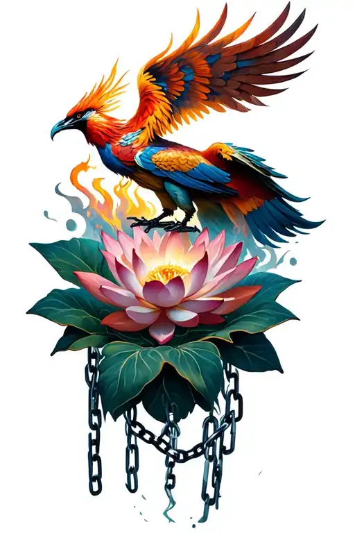 A phoenix rising from the ashes, with broken chains wrapped around it's body. the phoenix is surrounded by lotus flower tattoo design idea