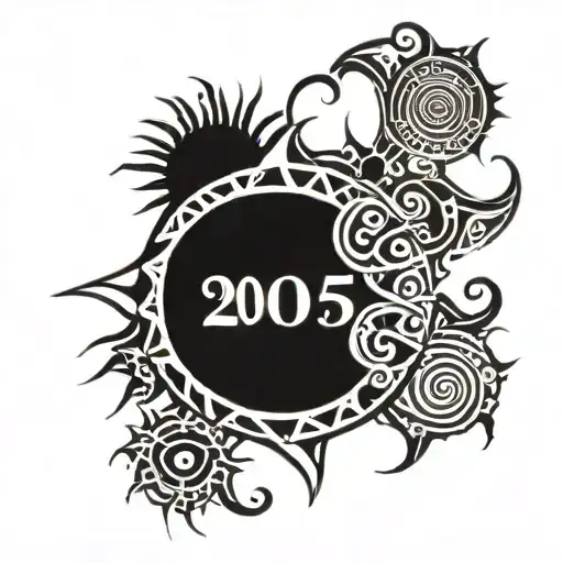 can you make a black tribal looking sun tattoo with the number 2005 in the center in red font tattoo design idea