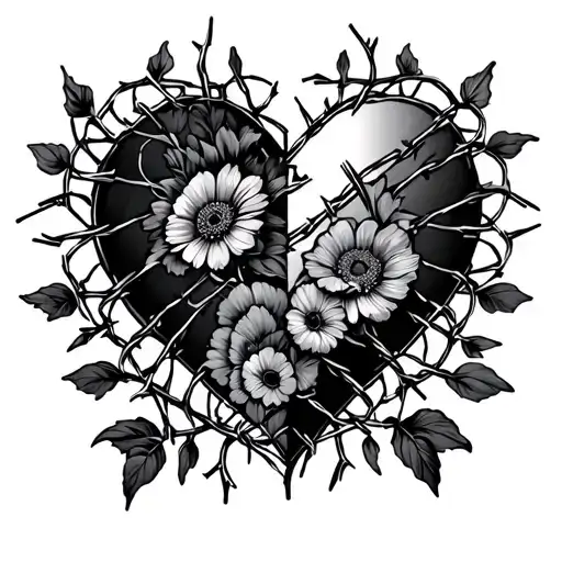 half flowers half barbed wire heart tattoo design idea