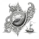 viking style border with various scenes mixed in such as longboats,shields,swords,animals and monsters fine art tribal  tattoo design idea