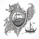 viking style border with various scenes mixed in such as longboats,shields,swords,animals and monsters fine art tribal  tattoo design idea