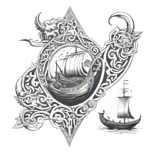 viking style border with various scenes mixed in such as longboats,shields,swords,animals and monsters fine art tribal  tattoo design idea