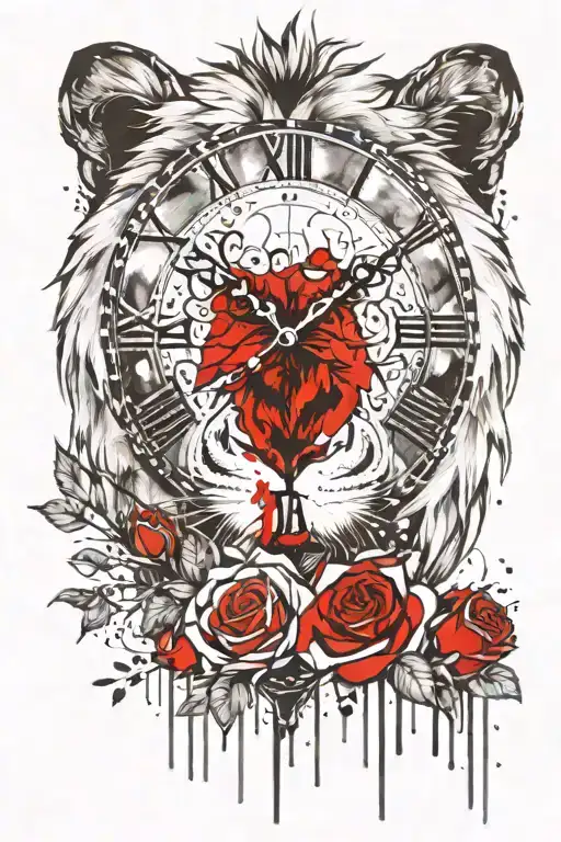 Lion with roses and clock face morphing tattoo design idea