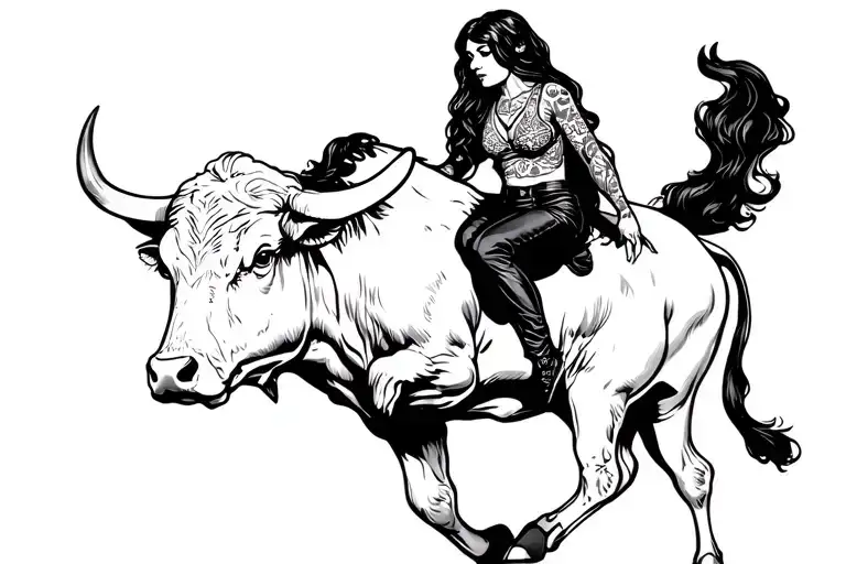 woman with long dark hair on a big bucking bull tattoo design idea