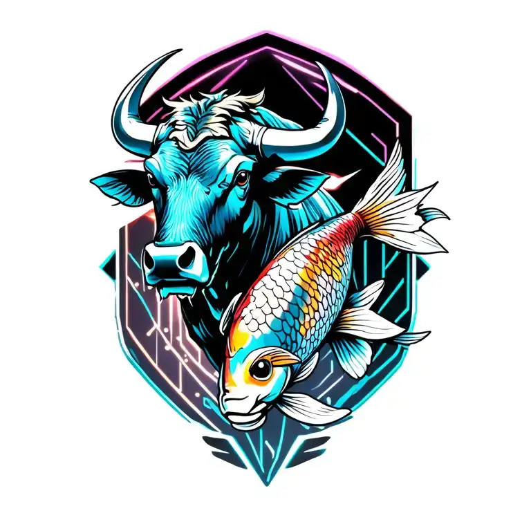 bull with jumping koi fish  tattoo design idea