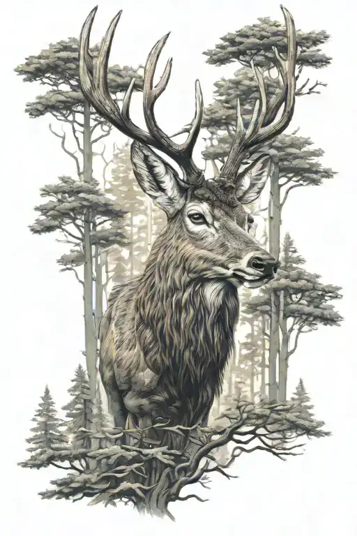 red deer in forest trees background looking tattoo design idea