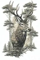 red deer in forest trees background looking tattoo design idea