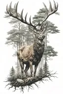 red deer in forest trees background looking tattoo design idea