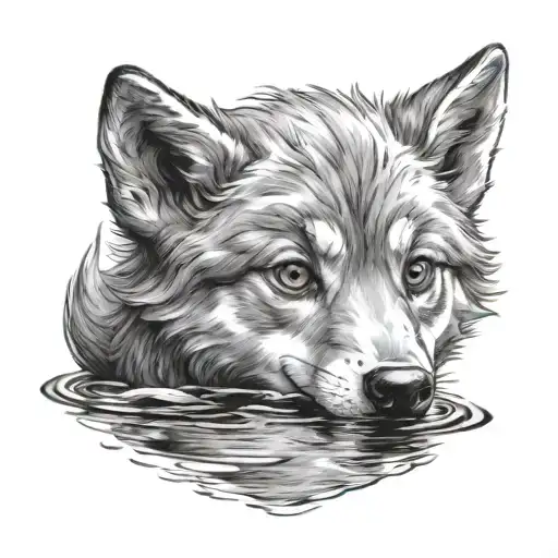 baby wolf looking in water tattoo design idea