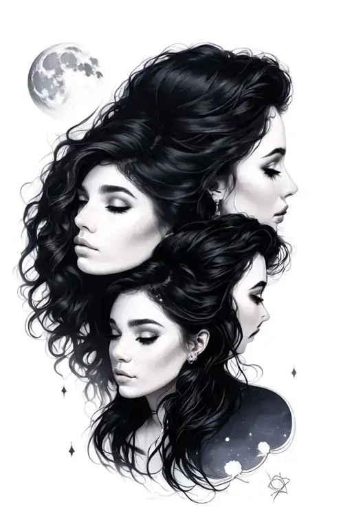 two women with moon  tattoo design idea