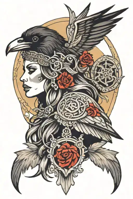 raven, shield maiden Face with a Crown tattoo design idea