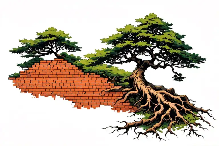 cracked stone brick wall with large tree growing from top, with roots  tattoo design idea