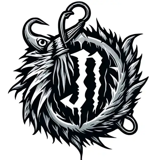 Fishing hook with letter J, and monster energy symbol tattoo design idea
