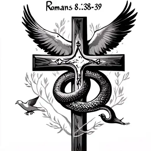 Cross with snake on it, doves flying beside it upwards, words written "Romans 8:38-39" above it. tattoo design idea