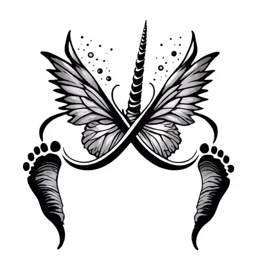 infinity symbol surrounded by footprints with unicorn horn centered and butterfly wings tattoo design idea