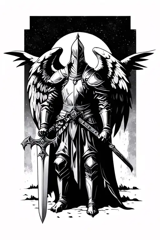 winged gothic knight holding a sword tattoo design idea