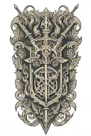 An abstract crest tattoo on the back of the thigh, representing Ogum, Ossaim, Exu, and Xangô. Include stylized symbols: sword and gears, sacred leaves, trident with flames, and double axe. Minimalist and tribal design, with black lines and subtle details, harmonizing the elements within the crest tattoo design idea