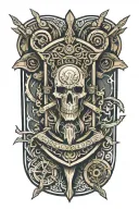 An abstract crest tattoo on the back of the thigh, representing Ogum, Ossaim, Exu, and Xangô. Include stylized symbols: sword and gears, sacred leaves, trident with flames, and double axe. Minimalist and tribal design, with black lines and subtle details, harmonizing the elements within the crest tattoo design idea