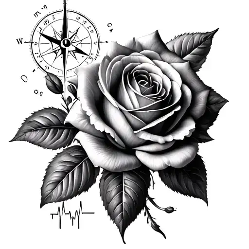 A realistic black & gray tattoo featuring a detailed Rose of Sharon, a delicate hand, a compass, and a flowing EKG line. tattoo design idea