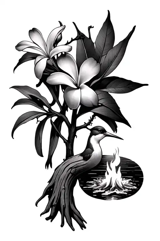 plumeria flower, birds of paradise, driftwood, pine trees, campfire and river tattoo design idea