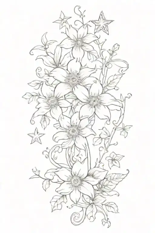 flowers on vines with stars tattoo design idea