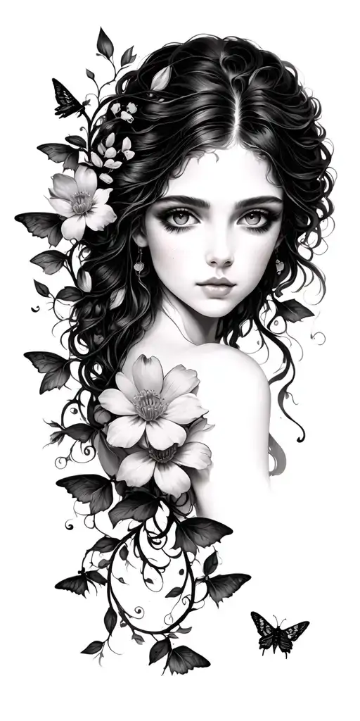 seductive fairy flowers vines tiny moths tattoo design idea