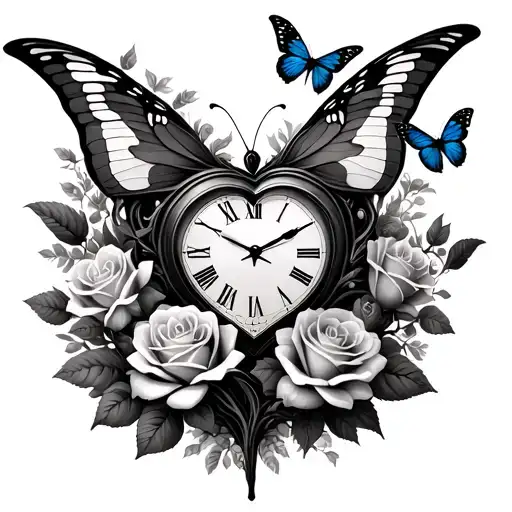 tree heartshaped clock butterfly and roses tattoo design idea