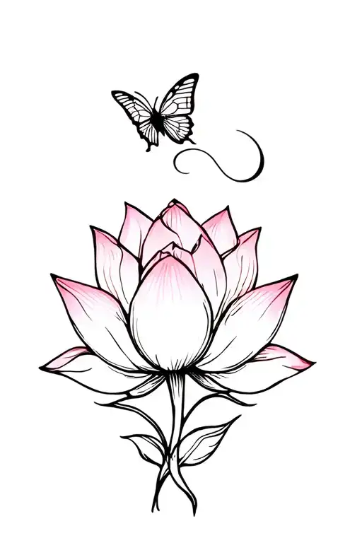 lotus flower with semicolon stem and butterfly  tattoo design idea