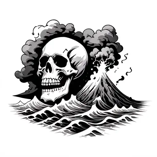 foam waves with skull form and volcano making eruption and the ash clouds with a skull form  tattoo design idea
