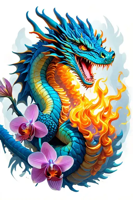Dragon breathing fire made of cake batter, surrounded by orchid blooms tattoo design idea