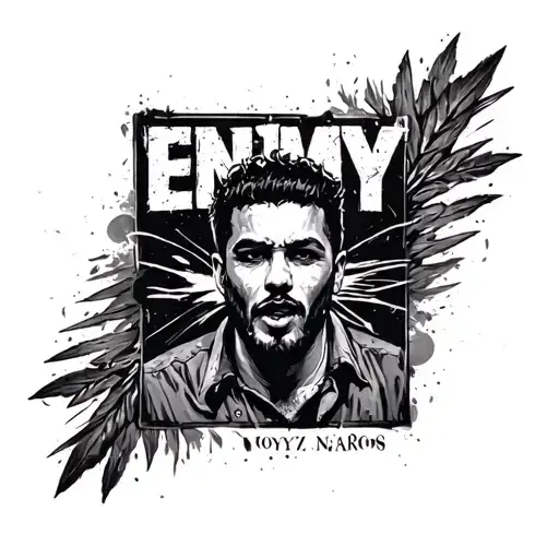 ENEMY cover tattoo, Noyz Narcos's musical album on the calf, black and white tattoo design idea