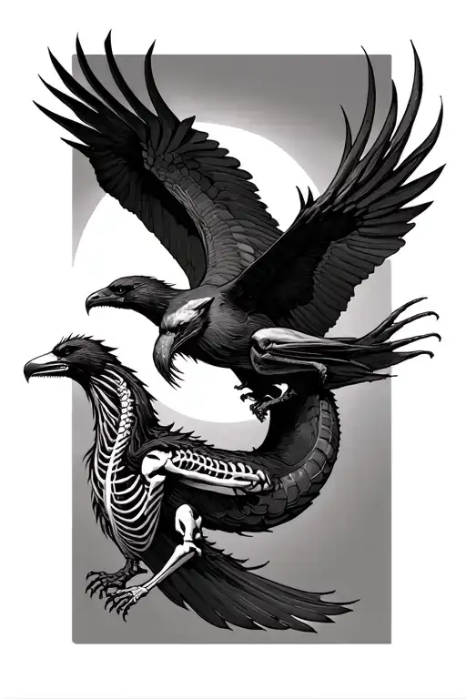 jormangandr, fenrir, and a raven flying half alive and half skeleton tattoo design idea