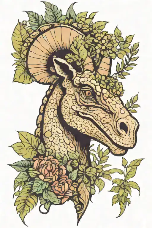 Parasaurolophus head with plants behind tattoo design idea