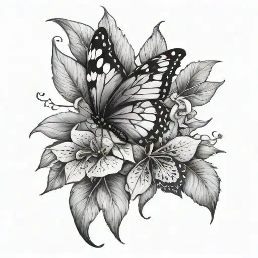 butterfly half flowers iris and poinsettia tattoo design idea