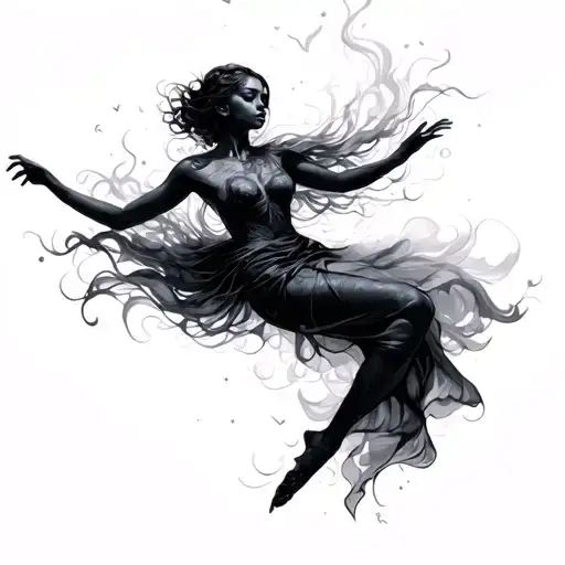 a dark and mysterious woman, floating in the air, something beautiful, full of hope and love and happiness, comes out of tattoo design idea