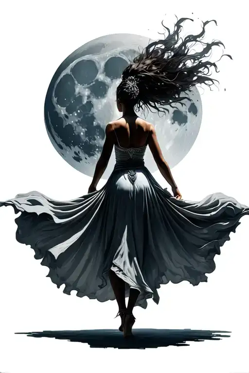 young woman warrior dancer from behind. fabric flows from her dress to make her appear to float. moon in background tattoo design idea