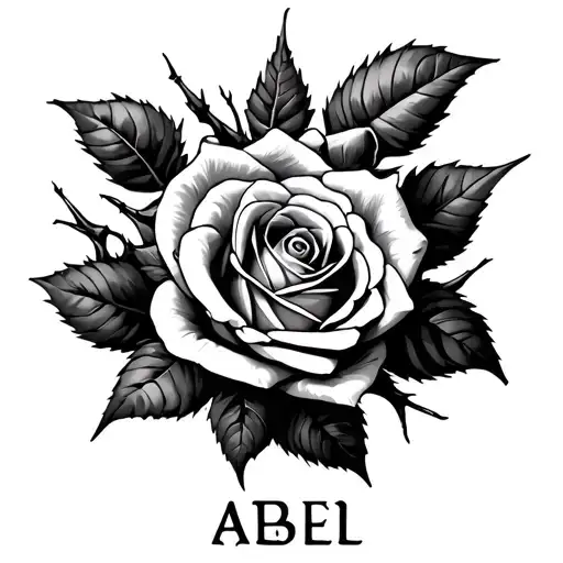 roses with thorns with the name abel tattoo design idea