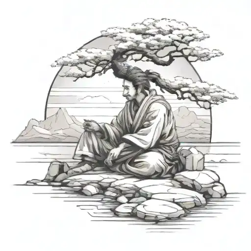 A serene landscape of a samurai meditating under a tree by the sea, surrounded by construction materials subtly incorporated into the design tattoo design idea