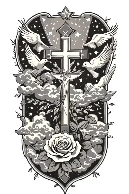 Clouds and White stars and doves and  a rose and a Catholic Cross tattoo design idea