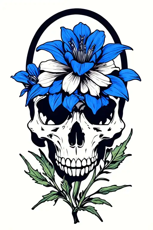  Four Colorado Blue Columbine flowers vertical and skull  tattoo design idea