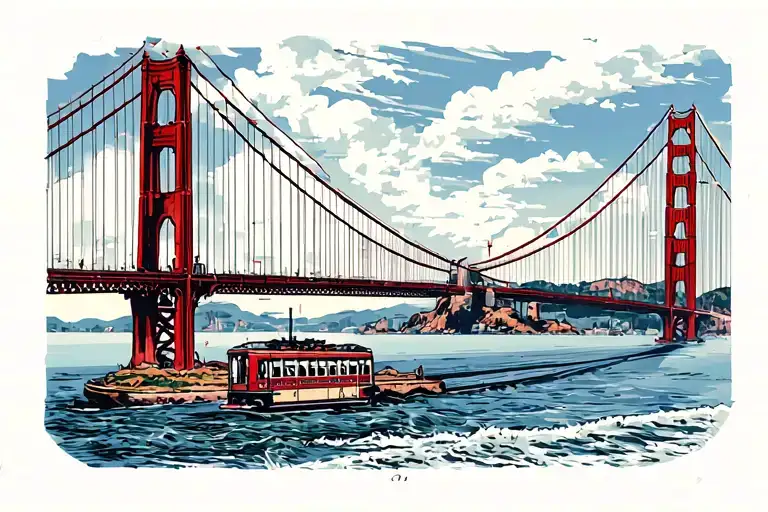 golden gates bridge with Alcatraz island and a old tramway tattoo design idea
