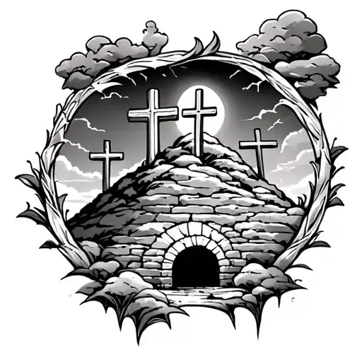 Jesus empty tomb and 3 crosses on a hill dark sky filled tattoo design idea