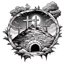 Jesus empty tomb and 3 crosses on a hill dark sky filled tattoo design idea