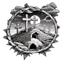 Jesus empty tomb and 3 crosses on a hill dark sky filled tattoo design idea