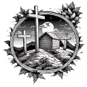 Jesus empty tomb and 3 crosses on a hill dark sky filled tattoo design idea